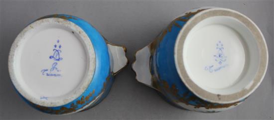 Two Sevres style porcelain wine coolers and a coffee pot and cover, 19th century, 16.5cm, 16cm, damage to coffee pot